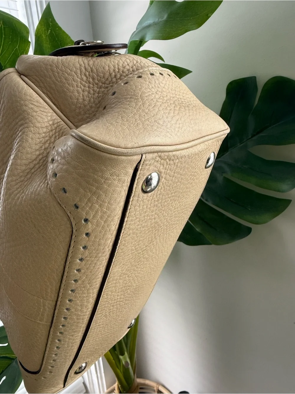 Coach Pebbled Leather Satchel in Beige with Dark Trim